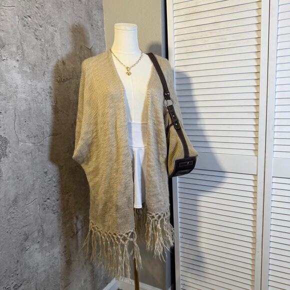 Beige Boho Open Front Cardigan with Fringe Detail - Picture 2 of 6